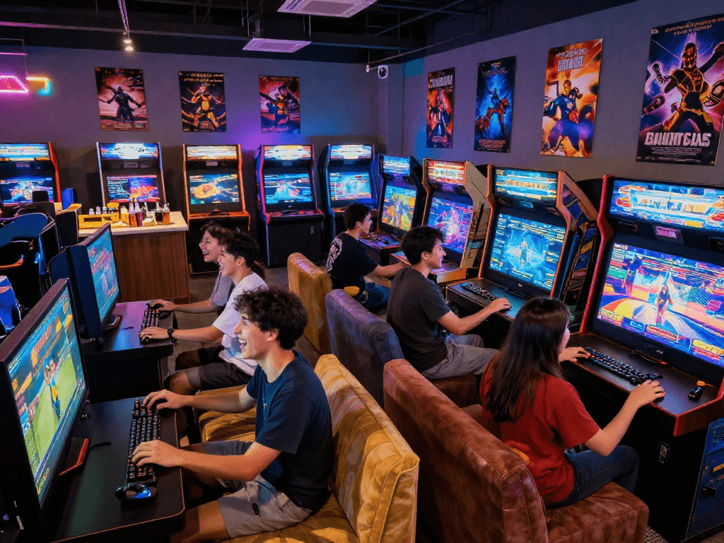 Exciting adult game lounge filled with friends enjoying vibrant gaming.