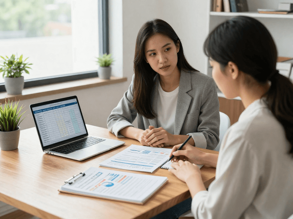 Credit consolidation consultation at https://credit-consolidation.ca/ with financial advisor helping clients manage debts.