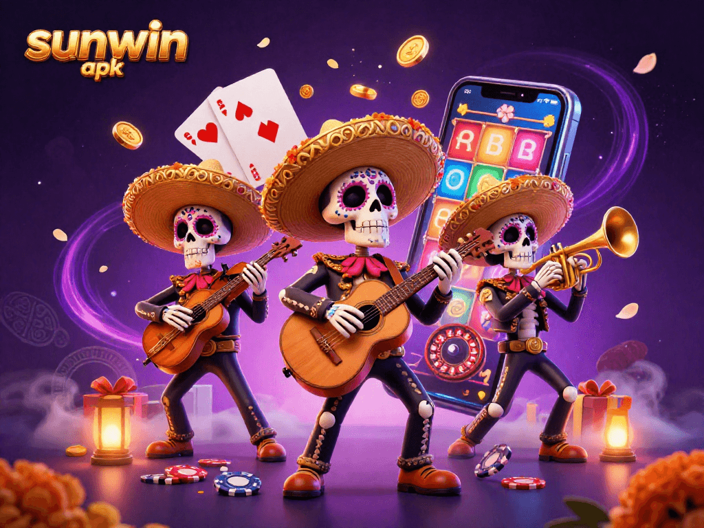 Engage with sunwin apk, featuring a vibrant Day of the Dead mariachi band amidst casino game elements.