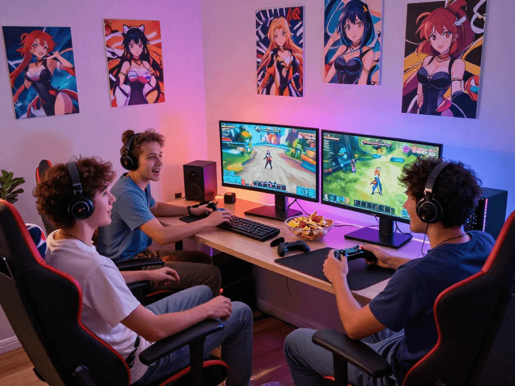 Friends enjoying engaging hentai games in a vibrant gaming room.