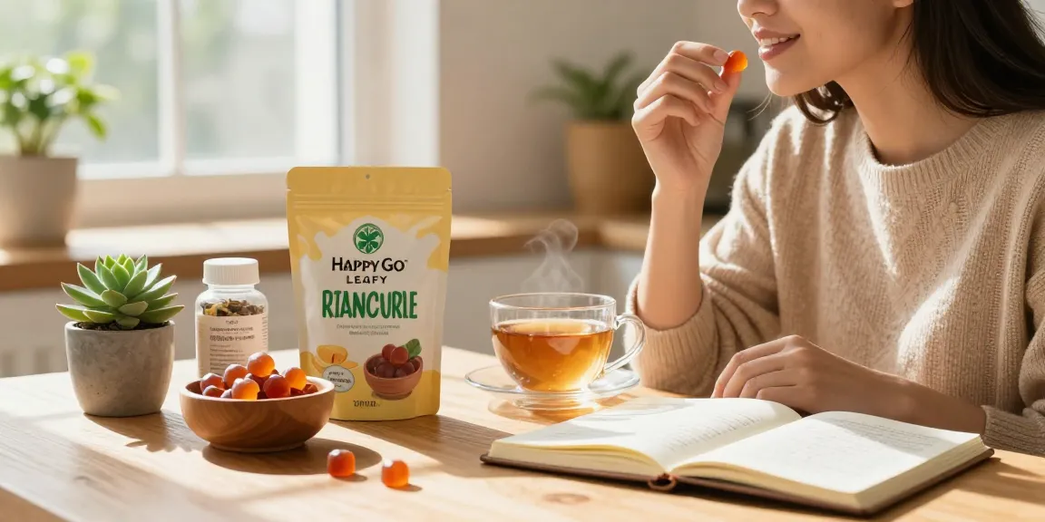 Enjoying kratom gummies from Happy Go Leafy in a cozy home setting, surrounded by wellness essentials.