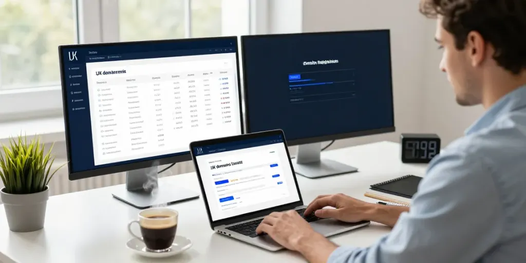 Buy .uk domain in a modern workspace with focused professional using a laptop and dual monitors.