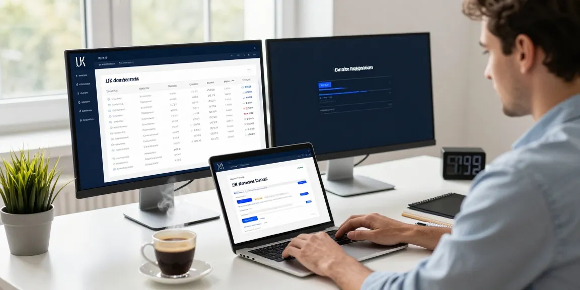 Buy .uk domain in a modern workspace with focused professional using a laptop and dual monitors.