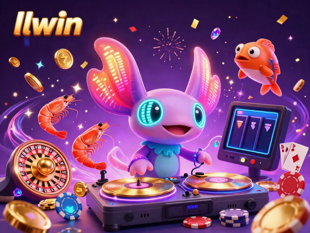 Experience the vibrant atmosphere of llwin with a dynamic DJ axolotl and lively sea creatures amidst casino elements.
