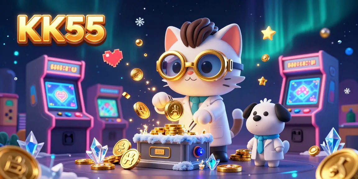 Unleash your luck with KK55, featuring a whimsical mad scientist cat and dog in a lively casino-themed scene.