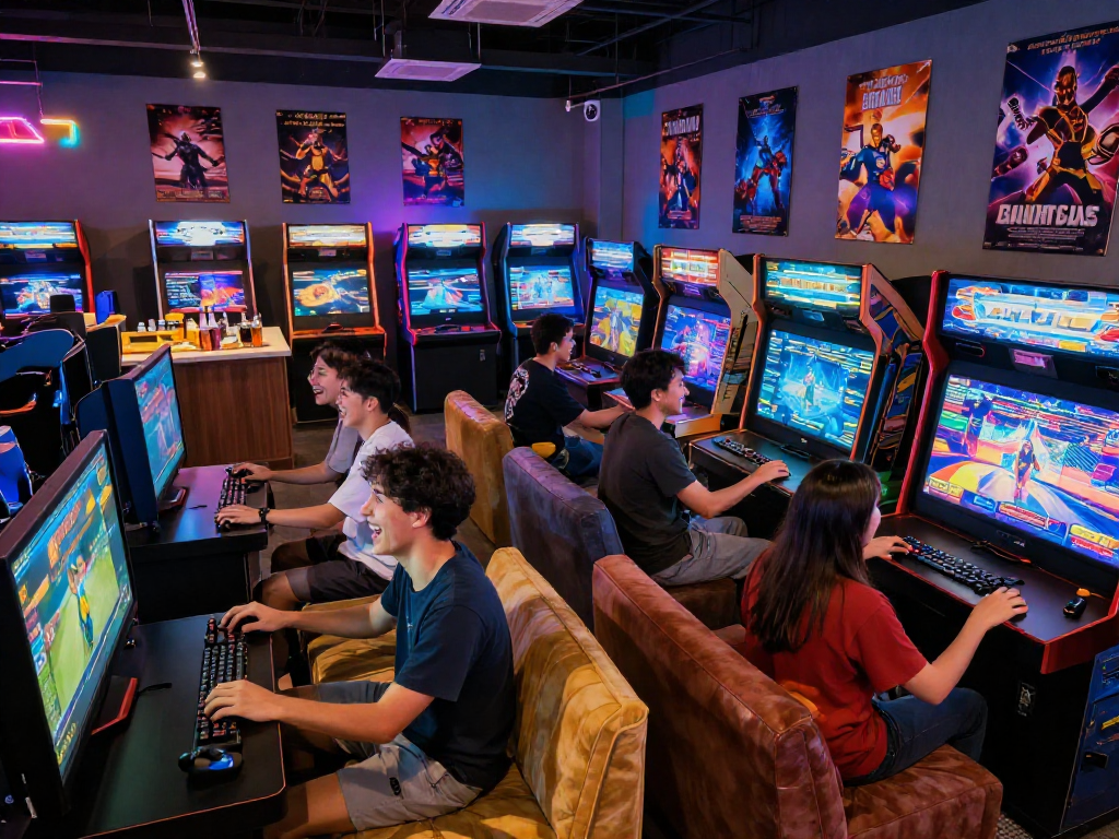 Exciting adult game lounge filled with friends enjoying vibrant gaming.