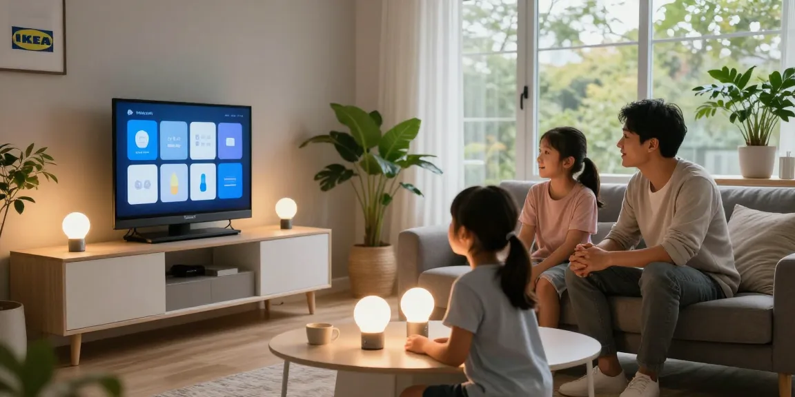 IKEA smart home setup with vibrant lighting in a modern living room, showcasing family-friendly technology and design.