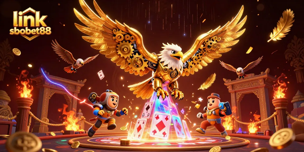 Experience thrilling action with link sbobet88 as a golden eagle dives through holographic cards.