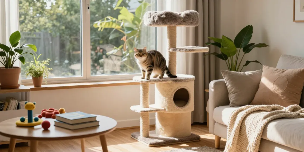 A playful cat climbing a stylish cat tower in a sunlit living room with a cozy atmosphere.