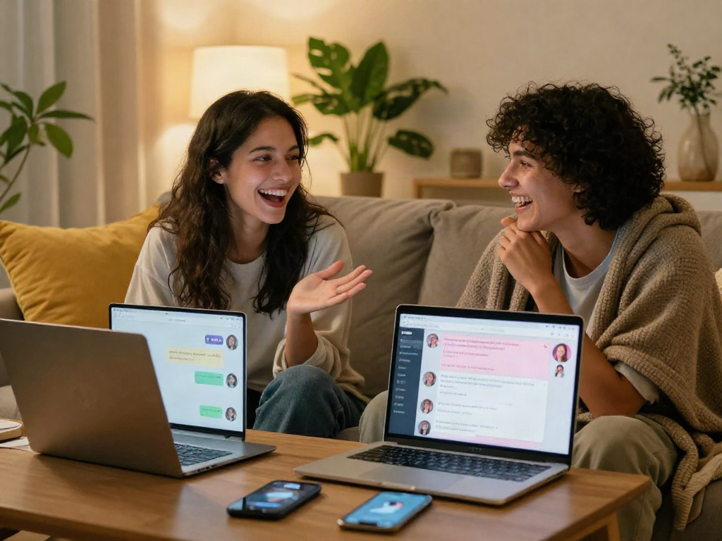 A couple enjoying engaging ai sex chat on their laptops in a cozy home setting.