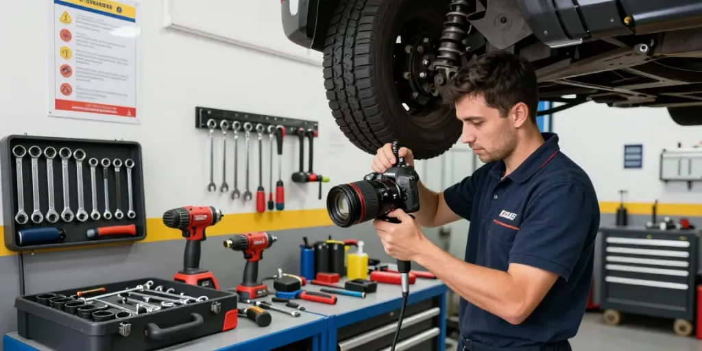 Technician using KS Tools in a modern automotive workshop.