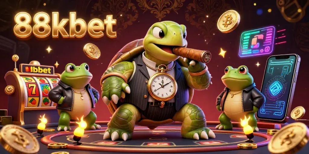 Engage with the vibrant 88kbet casino experience featuring a snapping turtle in a mobster suit surrounded by jackpot symbols and crypto coins.