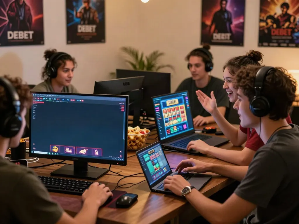 Group of friends enjoying online games on DEBET platform, showcasing the lively gaming experience.