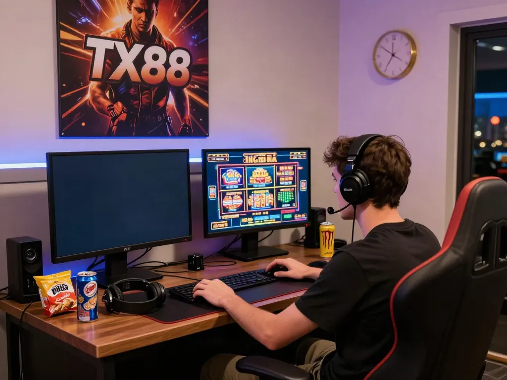 Player enjoying exciting games at TX88 with dual monitors, snacks, and LED lights