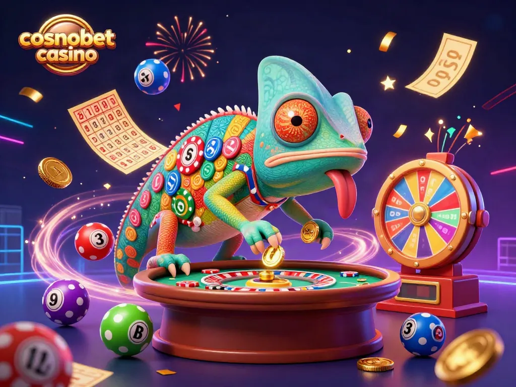 Experience the vibrant action of cosmobet casino with colorful elements and a captivating chameleon character.