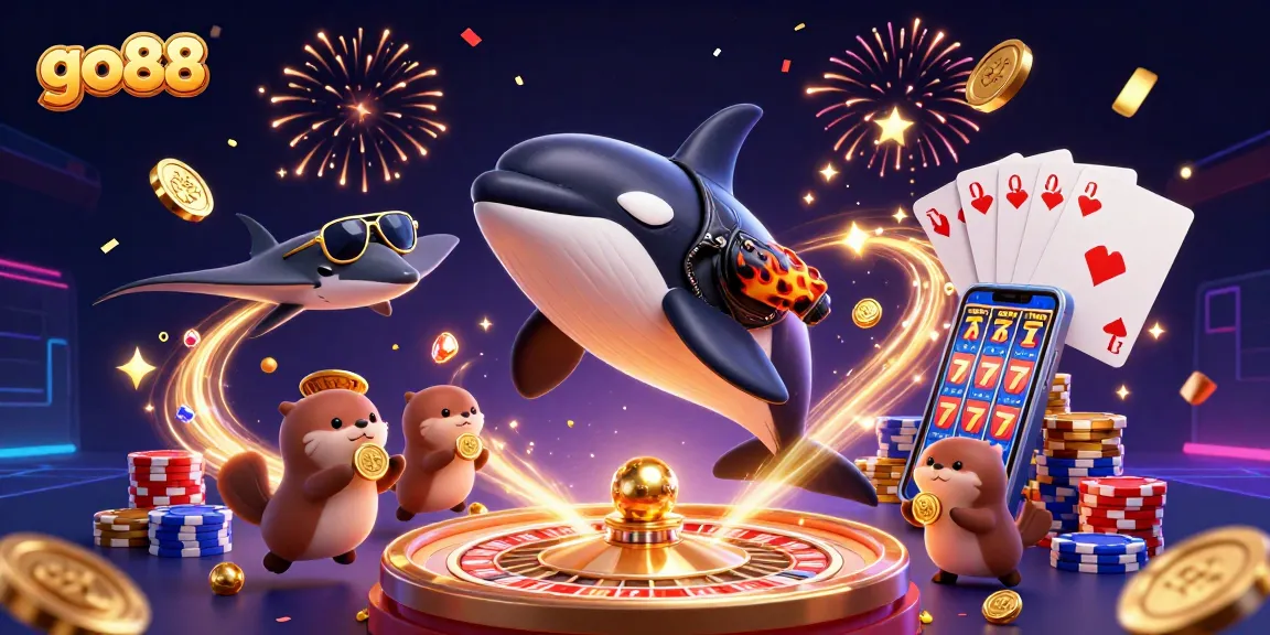 Experience thrilling gameplay action at go88 with a vibrant 3D casino illustration featuring diverse characters and gambling elements.