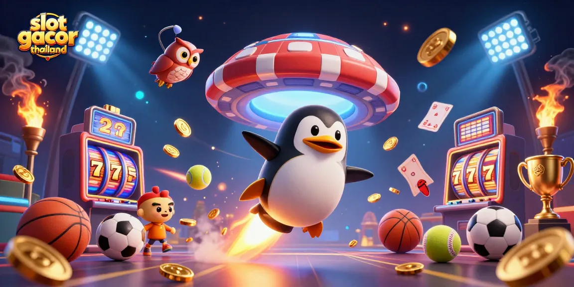 Experience slot gacor thailand with a cartoon penguin racing towards a vibrant casino in space.