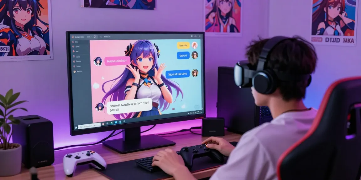 Engaging user interacting with ecchi AI chat platform, showcasing animated character in a cozy gaming setup.