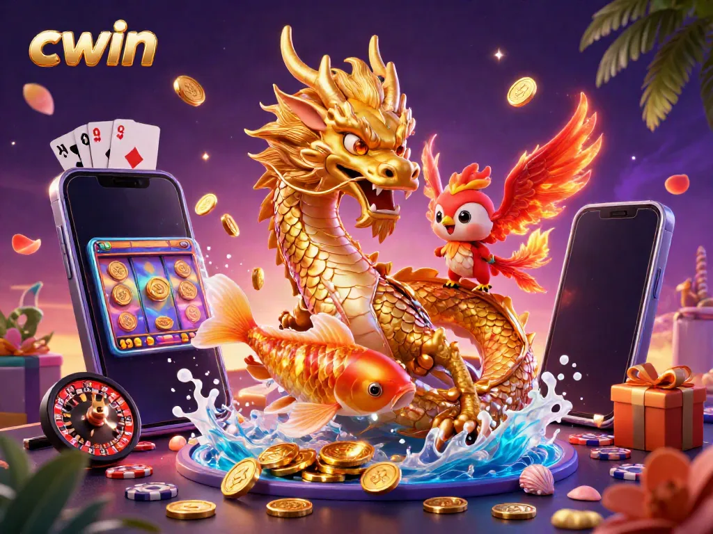Play exciting casino games at CWIN with a stunning illustration of a dragon, phoenix, and koi fish.