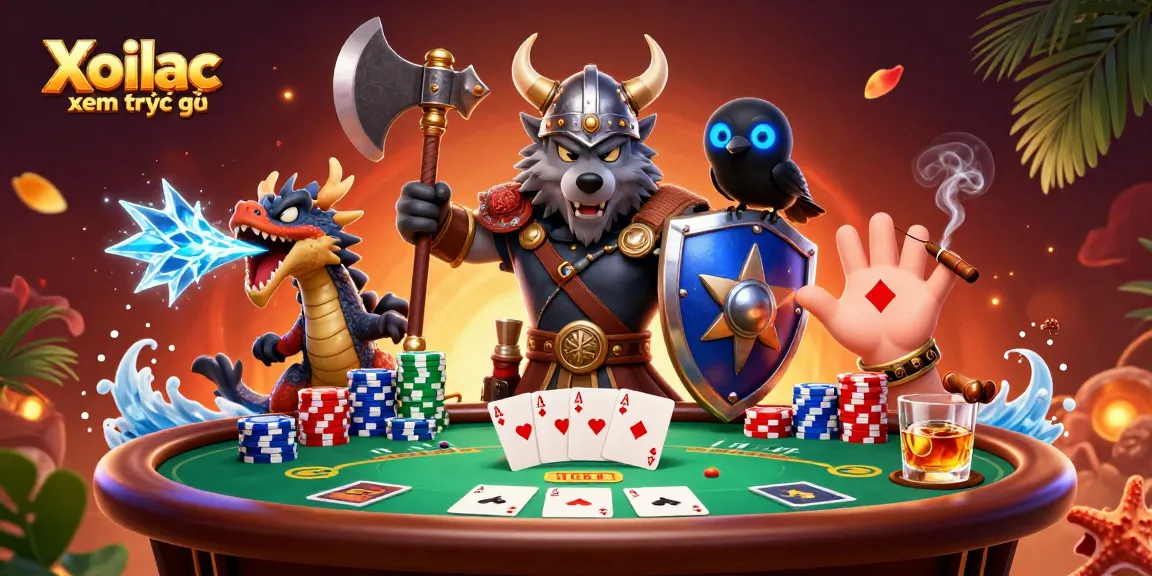 Xoilac xem trực tiếp showcases a Viking wolf warrior with poker elements in a vibrant dynamic scene.