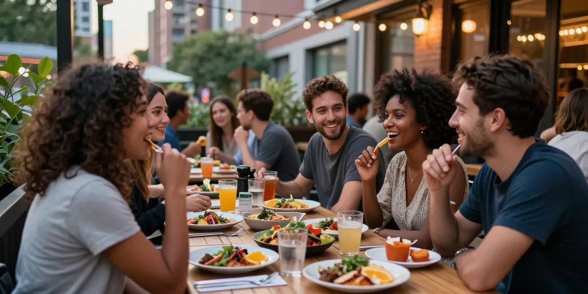 Friends enjoying a vibrant outdoor meal at bedfordsocialclub.com, highlighting community and local flavors.