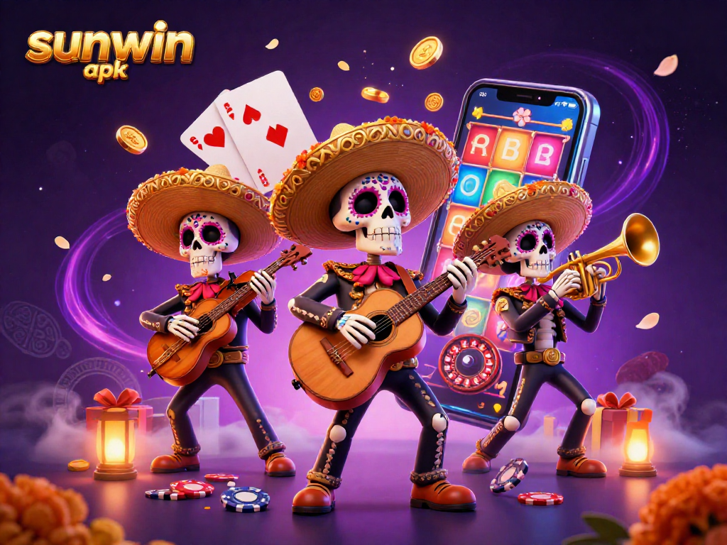 Engage with sunwin apk, featuring a vibrant Day of the Dead mariachi band amidst casino game elements.