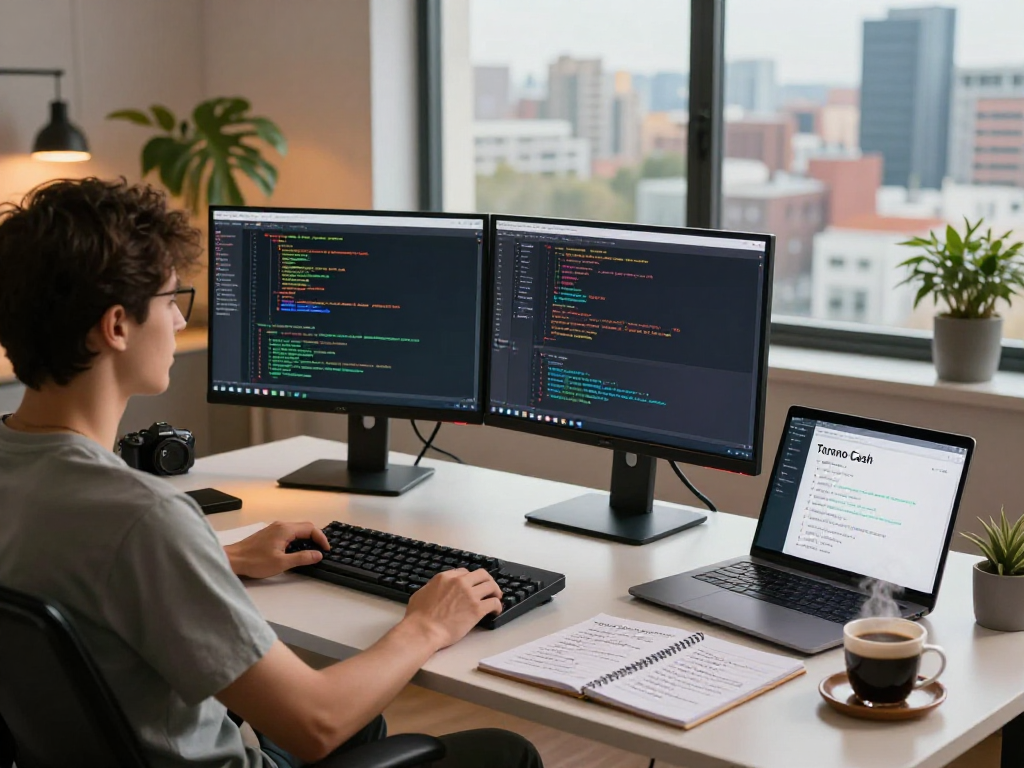 Engineer working on Tornado Cash development in modern tech workspace with code on screens.