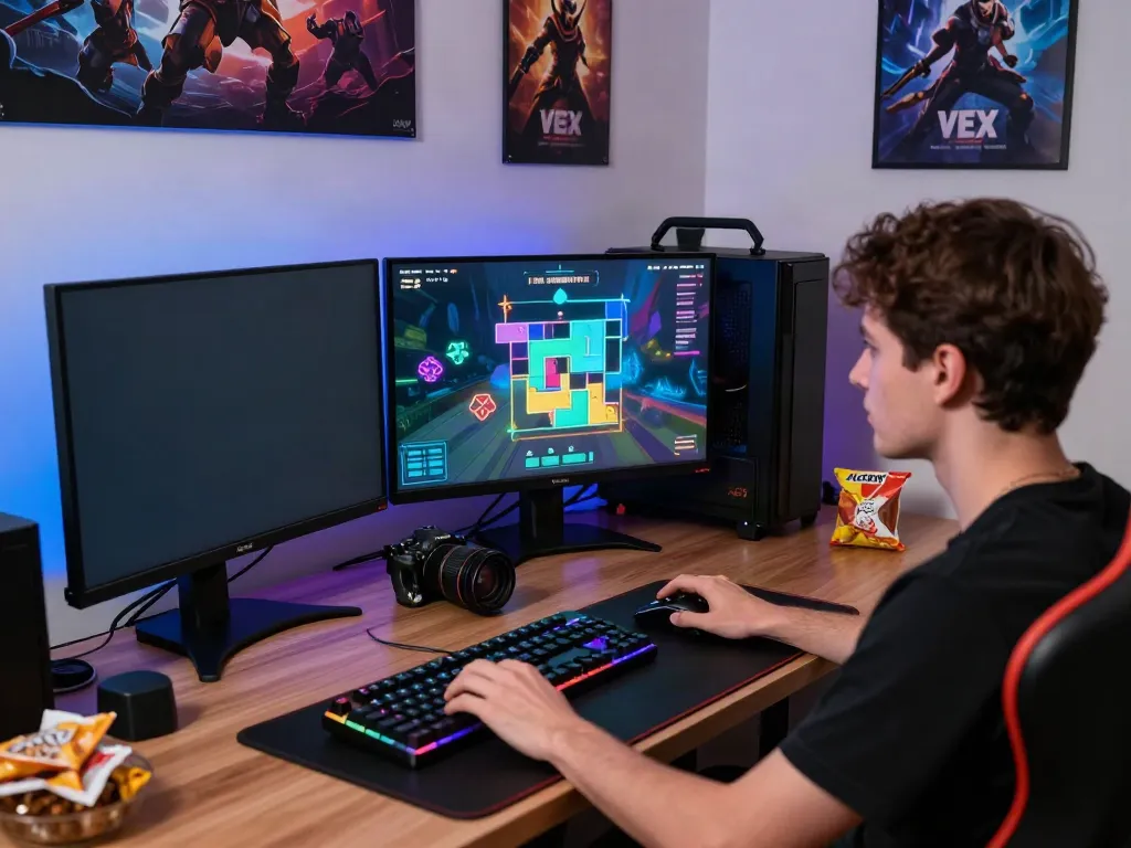 Player engaged with vexpuzzle.com in a vibrant gaming setup, showcasing dynamic Vex Puzzles from Destiny 2.