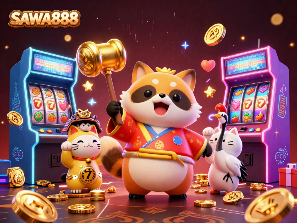 Experience SAWA888 with vibrant 3D characters celebrating gambling luck amidst exciting game elements.