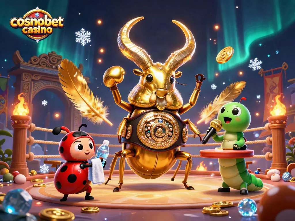 Experience cosmobet casino action with a vibrant showdown featuring a golden stag beetle in a dynamic arena.