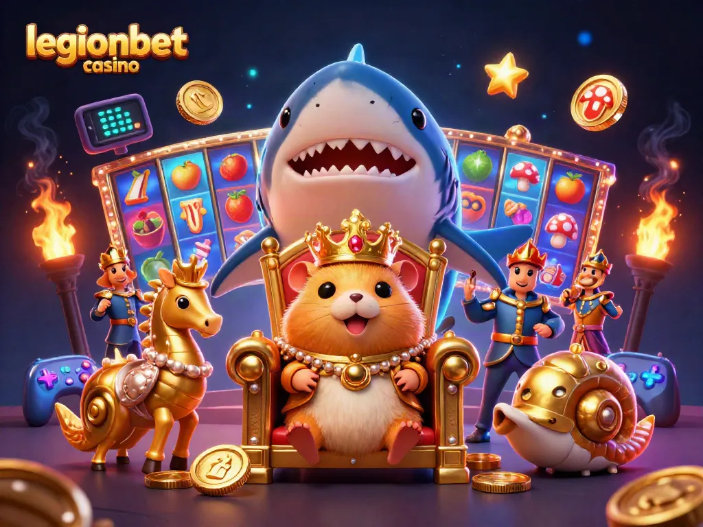Experience the thrill of legionbet casino with a golden hamster king reigning over vibrant slot reels and game machines.