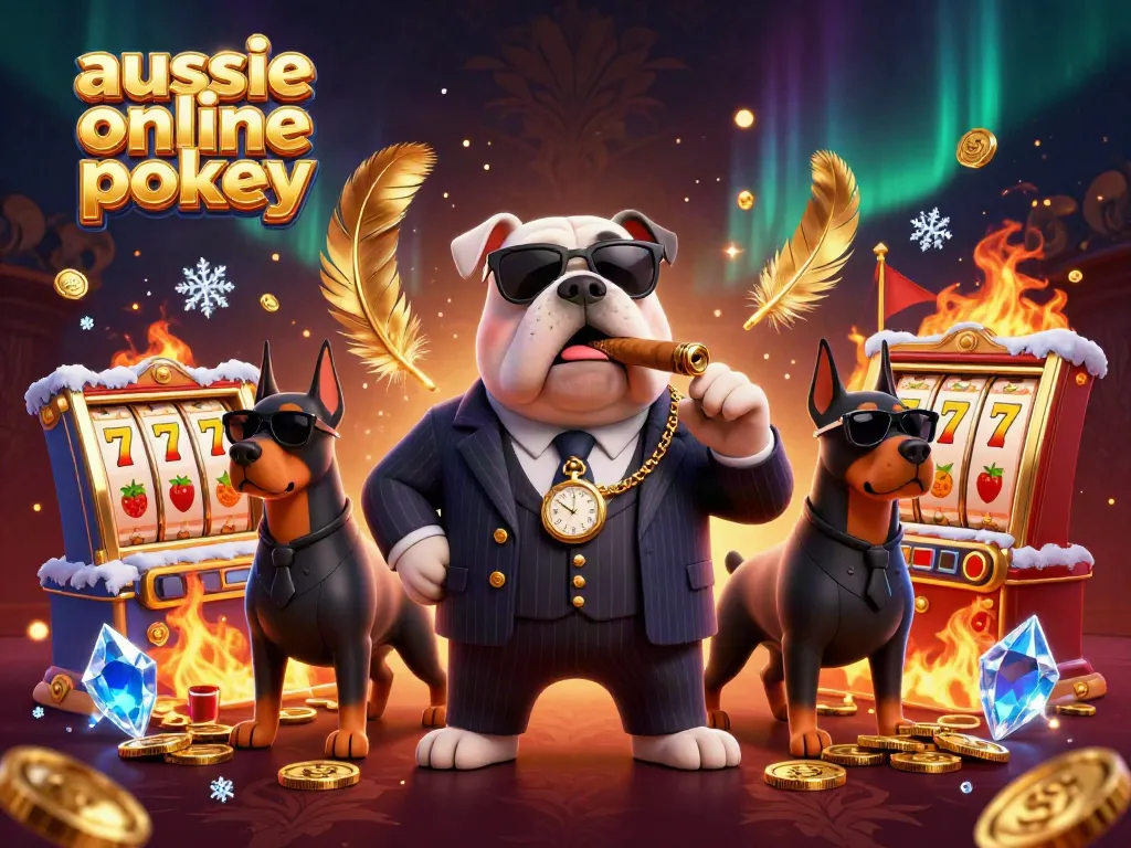 Aussie online pokies scene with a bulldog mafia boss and Doberman bodyguards among golden coins and slot reels.