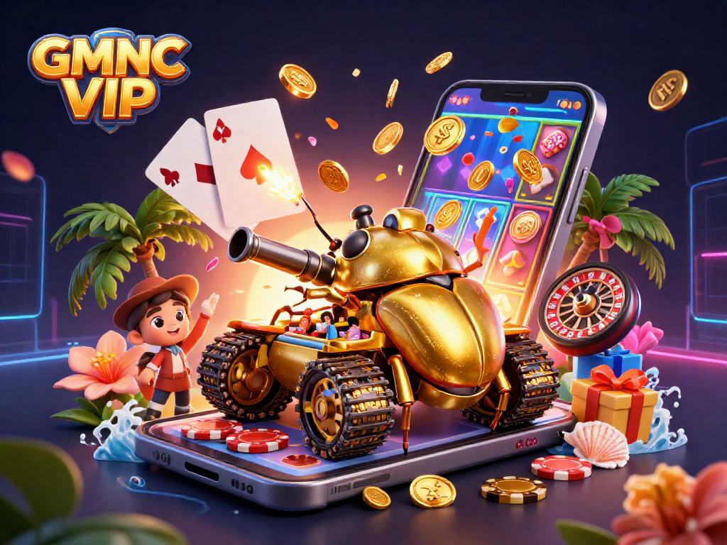 Experience the excitement of the GMNC VIP with a vibrant casino illustration full of games.