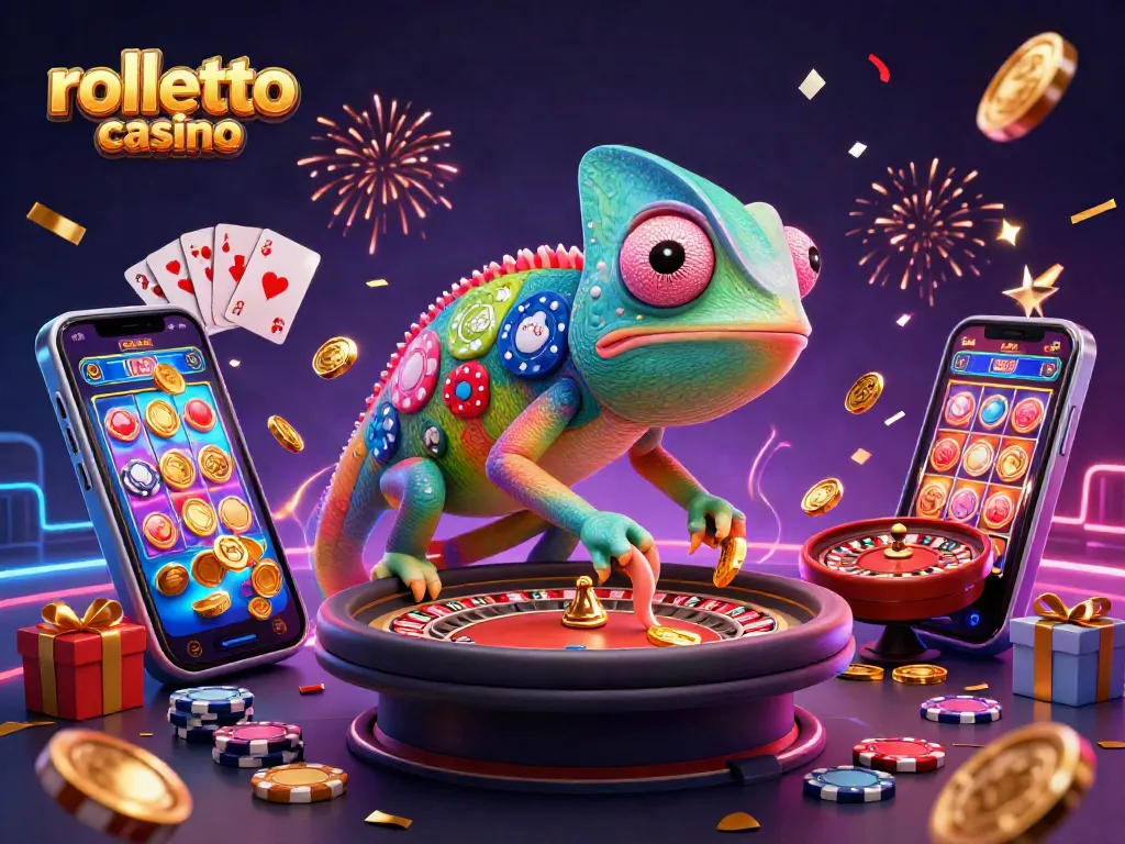 Engage with rolletto casino's excitement as a colorful chameleon collects golden coins amidst gaming elements.