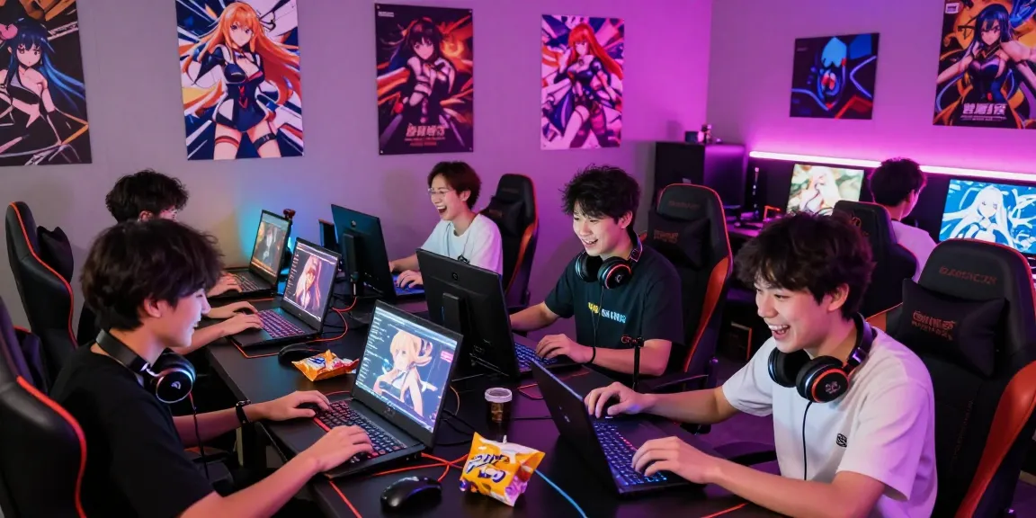 Players enjoying a variety of hentai games in a lively gaming lounge.