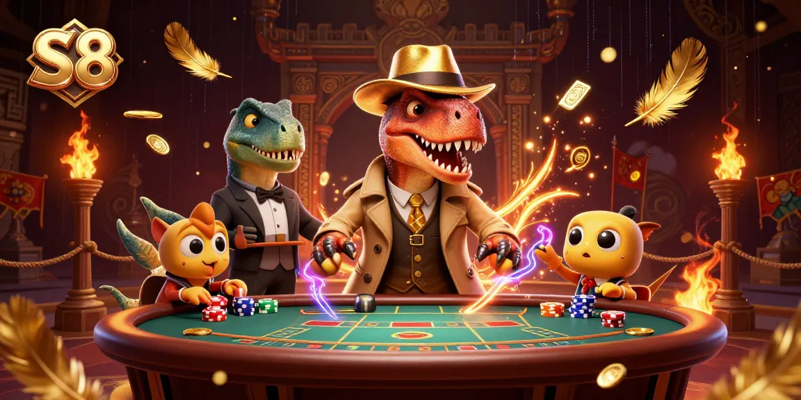 S8 gaming scene with a velociraptor card counter and stegosaurus pit boss in a dynamic casino illustration
