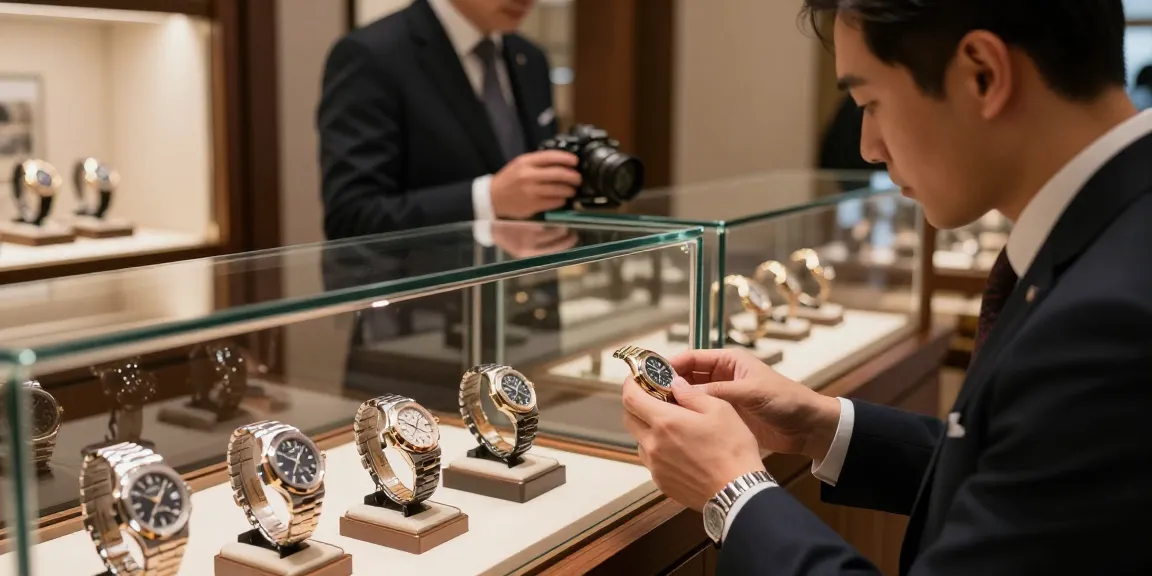 Explore premium clone watches in an elegant showroom setting, highlighting luxury replication craftsmanship.