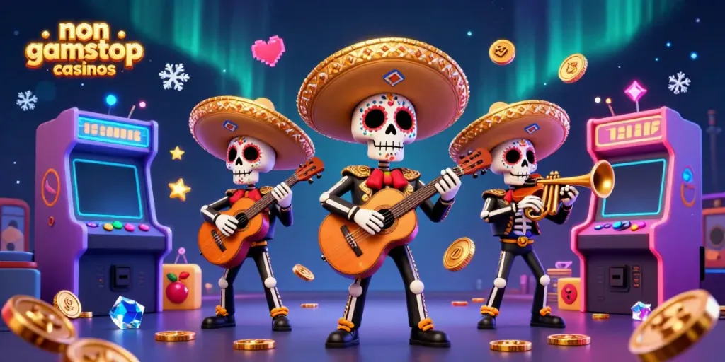 Engaging scene of non gamstop casinos with festive skeleton musicians amid colorful gaming elements.