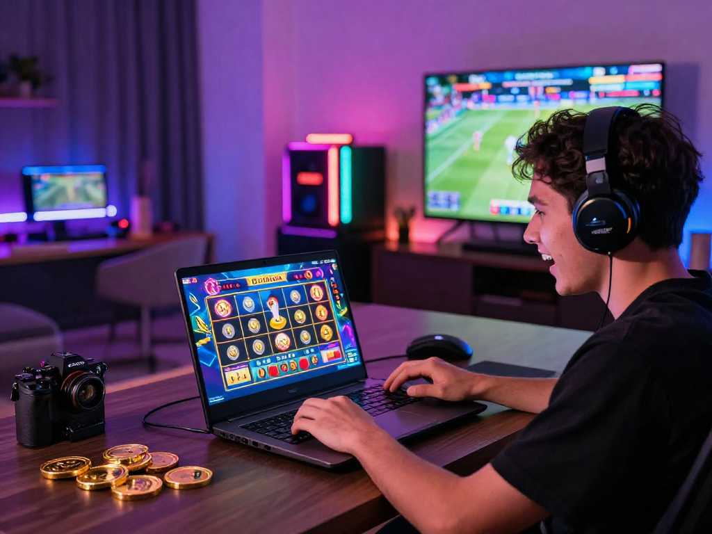 Engaged player enjoying VEGAS4D Togel online slot game with World Cup theme in vibrant gaming setup.