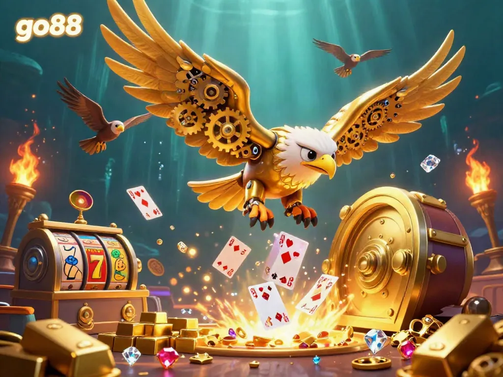 Experience an immersive go88 gaming world with a golden eagle diving through holographic cards while surrounded by luxurious treasures.