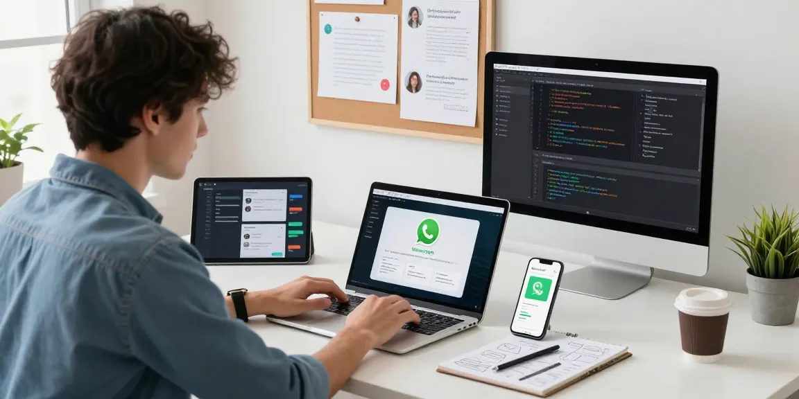Engaging scene of a casual worker downloading WhatsApp下載 on a modern laptop in a bright office.