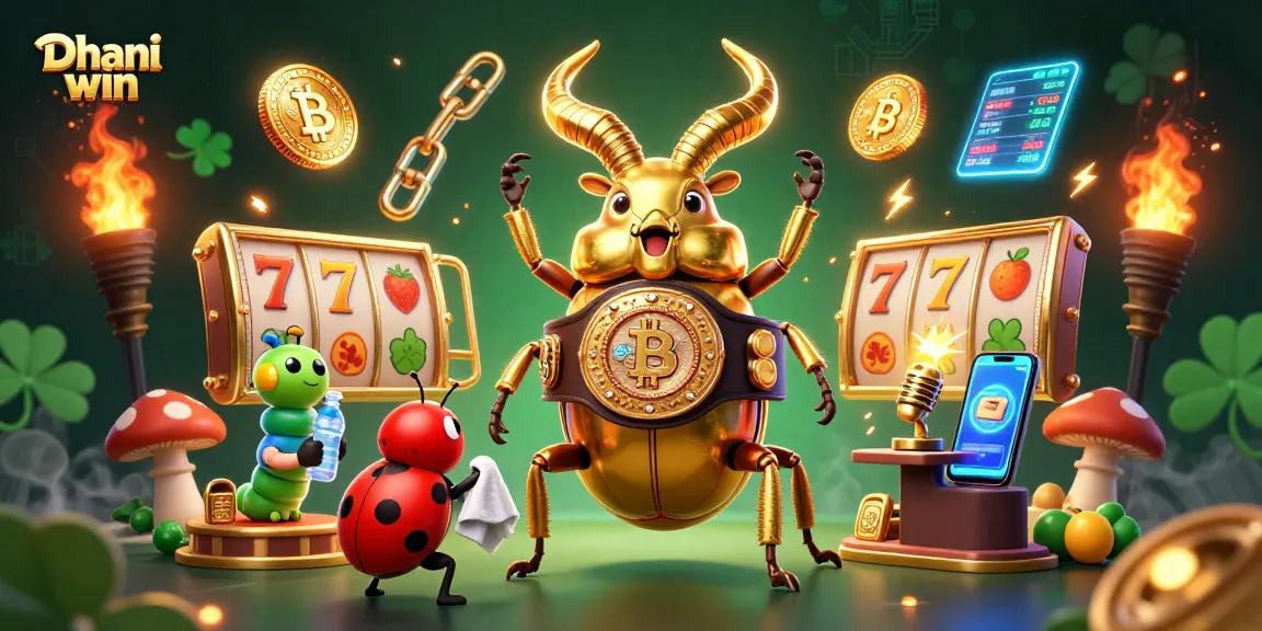 Dhani win showcases a vibrant 3D illustration of a giant beetle champion surrounded by slots and glowing coins.