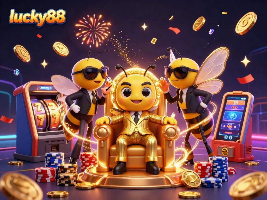 Experience lucky88's thrilling action with a 3D illustration packed with coins, chips, and joyous characters.