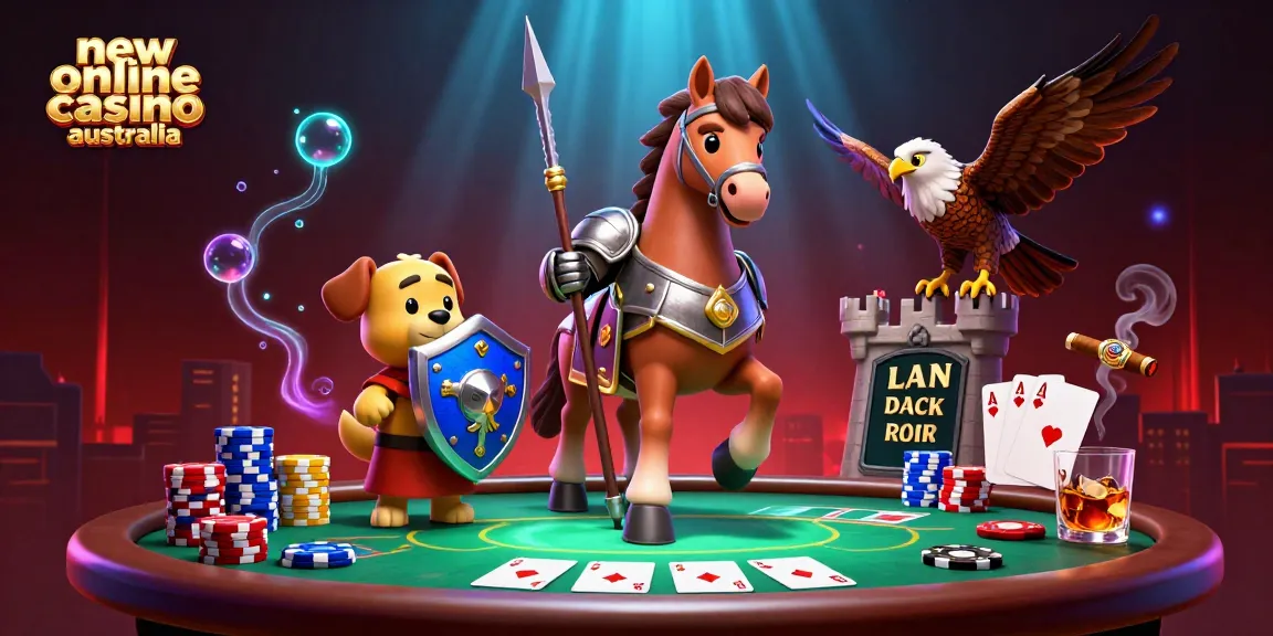 Engage at the new online casino australia with a knight, puppy, and falcon amidst poker game elements.