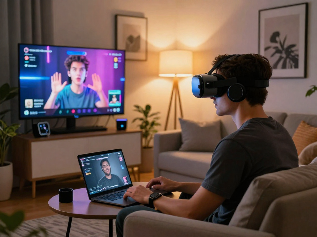 Engaging AI porn chat experience in a modern living room with virtual interaction.