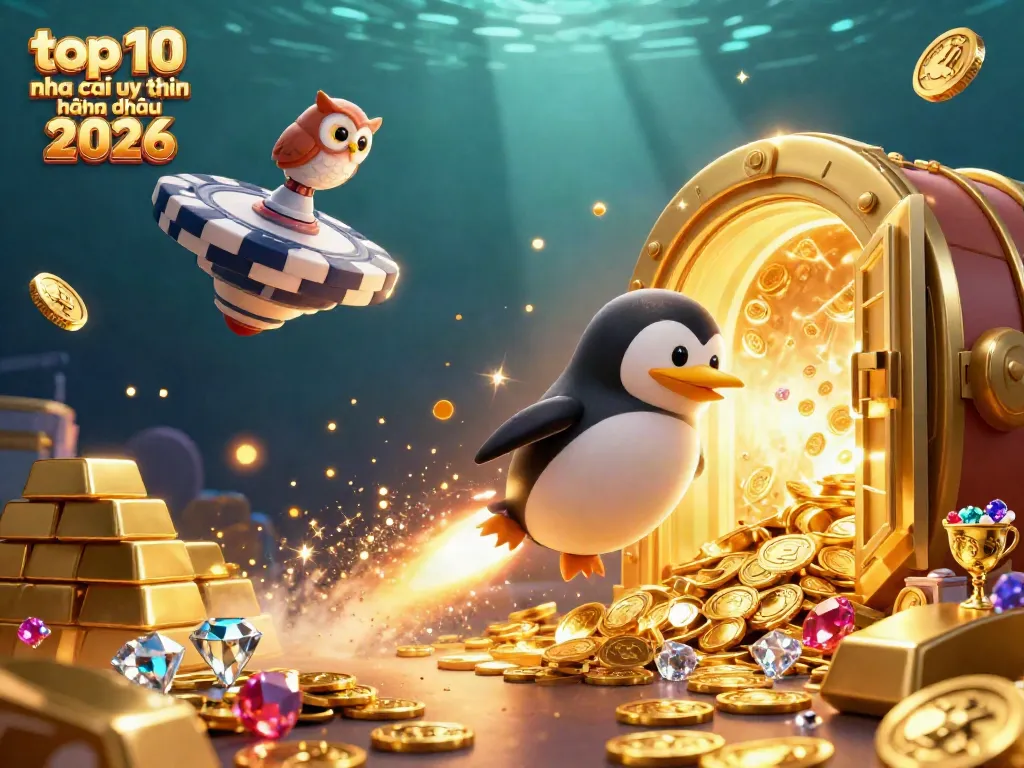 Experience the thrill of the top 10 nha cai uy tin hàng đầu 2026, featuring an epic golden penguin and casino elements.