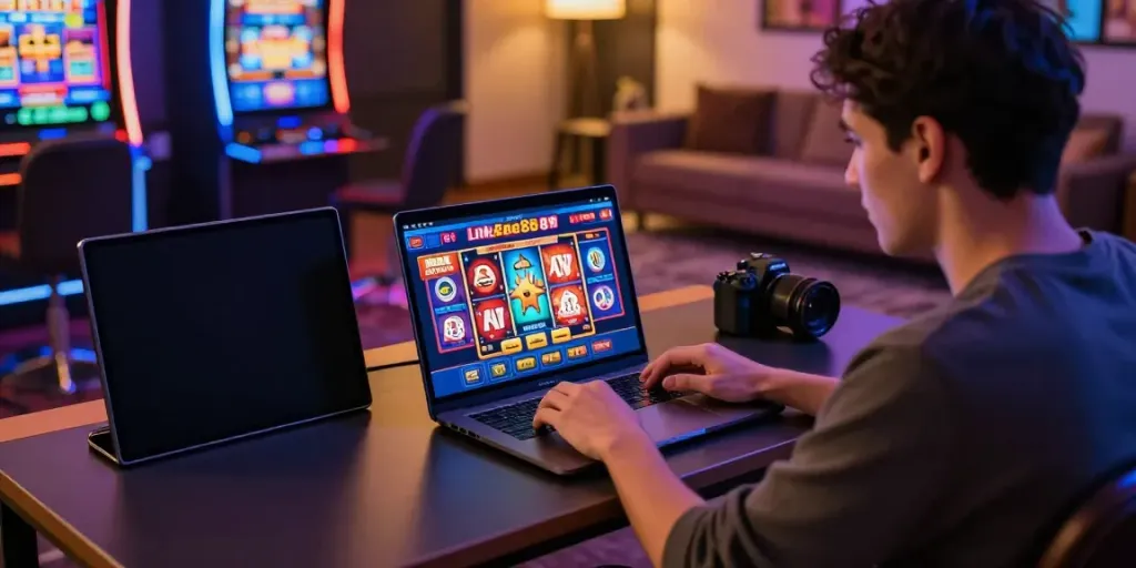 Engaging with Link Alternatif Vegas88 on a laptop in a vibrant gaming environment.