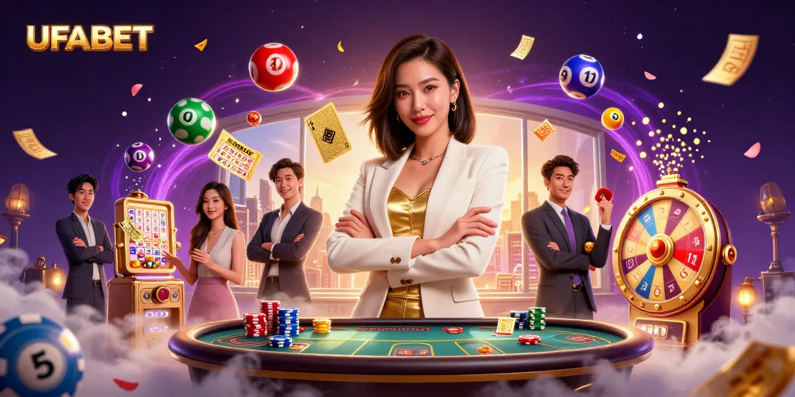 UFABET enhances your gaming experience with a powerful businesswoman in a vibrant casino atmosphere.